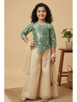 Lagorii - Green Embroidered Top with Ivory Palazzo and Dupatta