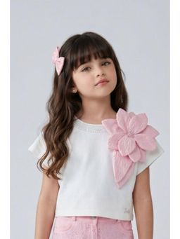 TINY GIRL - Cotton Woven Half Sleeves 3D Floral Applique Top- Pink