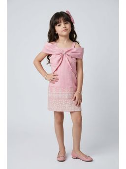 TINY GIRL - Girls Off Shoulder Party Dress with Bow Detail and Embroidered Hem