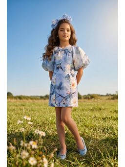 TINY GIRL - Girls Floral Printed Off Shoulder Dress with Puff Sleeves