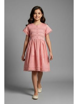 TINY GIRL - Girls Textured Fit and Flare Dress with Half Sleeves and Lace Detail