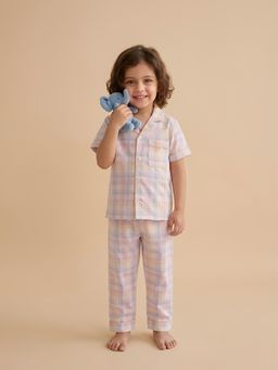 Polka Tots - Cotton Half Sleeve Pink and Blue Checks Print Night Suit