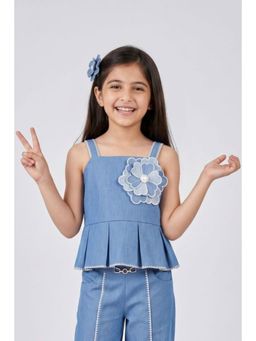 TINY GIRL - Denim Woven Shoulder Strap Floral 3D Applique Stripe Peplum Detail Top