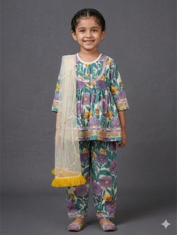 THE WISHING CLOSET - Purple Flower Printed Kurti and Pant with Dupatta