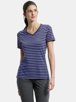 Jockey - AW22 Women Cotton Elastane Regular Fit Striped V Neck T-Shirt - Pageant Blue