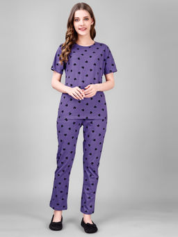 Smarty Pants - Womens Cotton Lycra Purple Heart Print Night Suit (Set of 2)