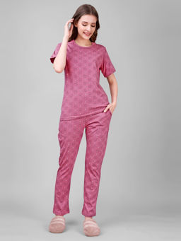 Smarty Pants - Womens Cotton Lycra Pink Bunny Print Night Suit (Set of 2)