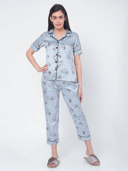 Smarty Pants - Womens Silk Satin Pastel Grey Tom & Jerry Print Night Suit (Set of 2)