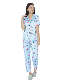 Smarty Pants - Womens Silk Satin Aqua Blue Flamingo Print Night Suit (Set of 2)