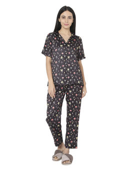 Smarty Pants - Womens Silk Satin Black Floral Print Night Suit (Set of 2)