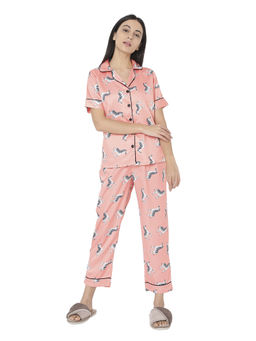 Smarty Pants - Womens Silk Satin Peach Zebra Print Night Suit (Set of 2)