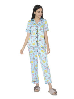 Smarty Pants - Womens Silk Satin Aqua Blue Pooh Print Night Suit (Set of 2)