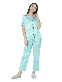 Smarty Pants - Womens Silk Satin Green Floral Print Night Suit (Set of 2)