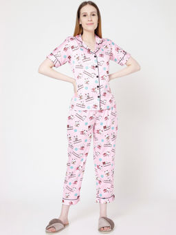 Smarty Pants - Womens Silk Satin Pink Teddy Bear Night Suit (Set of 2)