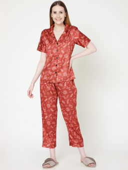 Smarty Pants - Womens Silk Satin Pastel Brown Floral Print Night Suit (Set of 2)