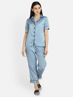 Smarty Pants - Womens Silk Satin Slate Blue Night Suit (Set of 2)