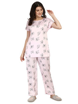 Smarty Pants - Womens Silk Satin Baby Pink Tom & Jerry Print Night Suit (Set of 2)