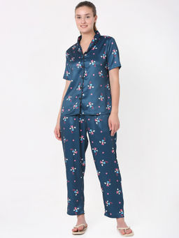 Smarty Pants - Womens Silk Satin Teal Minnie Mouse Print Night Suit (Set of 2)