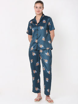 Smarty Pants - Womens Silk Satin Teal Blue Flinstone Print Night Suit (Set of 2)