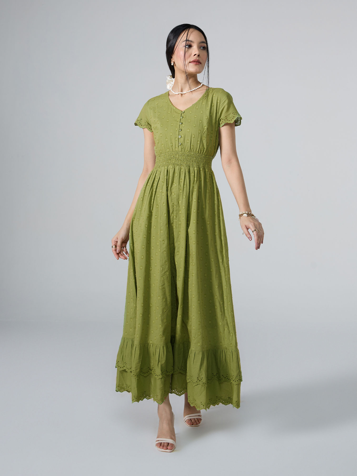 Light Green V Neck Front Slit Schiffli Midi Dress-picture-27