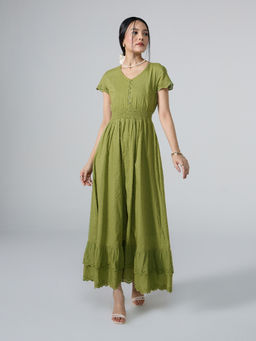 Twenty Dresses by Nykaa Fashion - Light Green V Neck Front Slit Schiffli Midi Dress