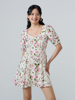 Twenty Dresses by Nykaa Fashion - Off White Floral Puff Sleeves Lace Up Mini Dress