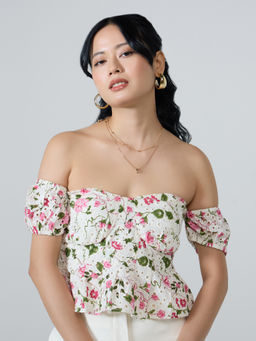 Twenty Dresses by Nykaa Fashion - Off White Off Shoulder Pleated Fitted Peplum Top