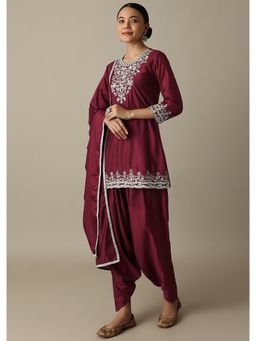 KALKI FASHION - Red Silk Embroidered Kurta With Dhoti & Dupatta (Set of 3)