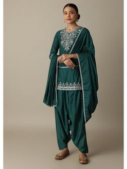KALKI FASHION - Stunning Emerald Green Silk Kurta With Dhoti & Dupatta (Set of 3)