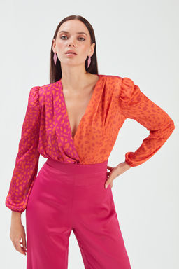 Sateen - Fuchsia-Orange Colorblock Pattern Top