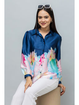 PURYS - Navy Blue Printed Satin Shirt