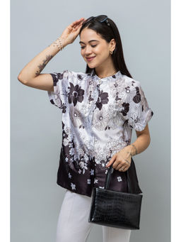 PURYS - White Mandarin Collar Kimono Sleeves Satin Shirt