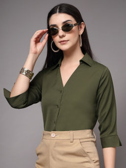 Style Quotient - Women Solid Olive Polymoss Formal Shirt