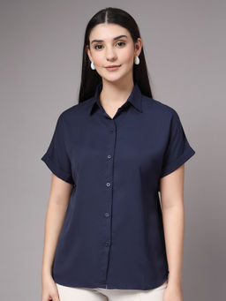 Style Quotient - Women Solid Navy Blue Polyester Formal Shirt