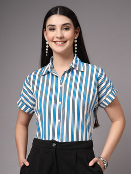 Style Quotient - Women White Blue Stripe Polyester Formal Shirt