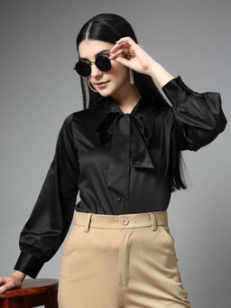 Style Quotient - Women Solid Black Satin Shirt