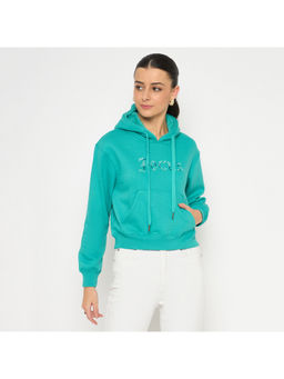 Madame - Turquoise Fleece Placement Handwork Detailed Hoodie