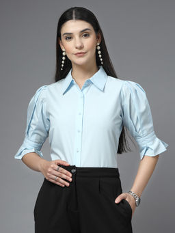 Style Quotient - Women Solid Light Blue Poly Cotton Formal Shirt