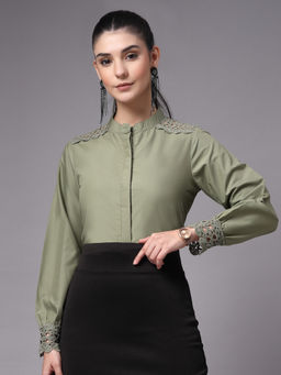 Style Quotient - Women Solid Olive Poly Cotton Formal Shirt