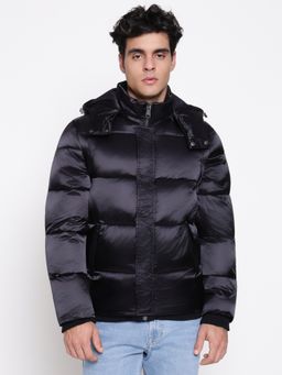 Guess - Men Satin Wet Effect Jet Black Hooded Metallized Puffer Jacket