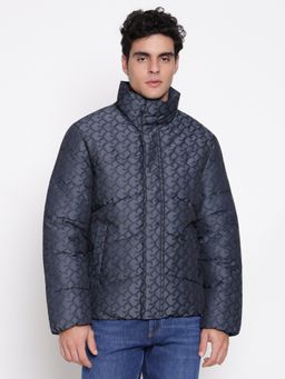 Guess - Men Blue Jacquard Chain Logo Print High Neck Puffer Jacket