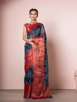 EXCLUSIVA - Blue Soft Printed Silk Linen Saree with Unstitched Blouse
