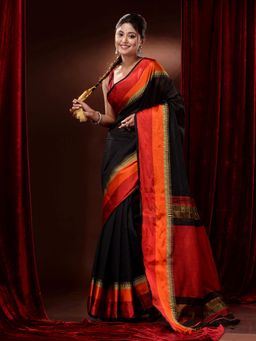 CHARUKRITI - Black Cotton Silk Handwoven Contrast Borders and Pallu Saree with Unstitched Blouse
