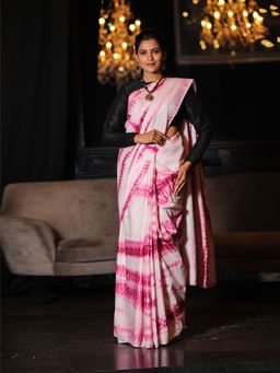 Beatitude - Pink and White Viscose Katan Silk Tie and Dye Saree Unstitched Blouse