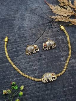 GRIIHAM - Multi-Color Gold Plated Cz Short Elephant Necklace Set