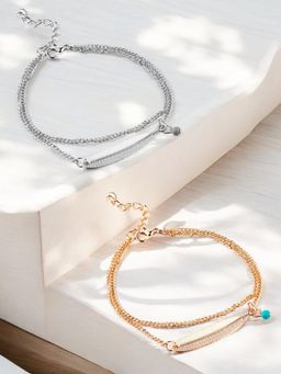 OOMPH - Multi-Color Combo Of 2 Gold and Silver Bohemian Leaf Anklets for Women