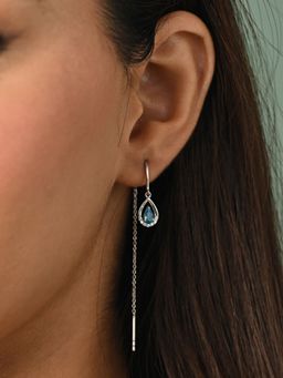 CLARA - Blue 925 Silver Droplet Platinum Plated Long Chain Sui Dhaga Threader Earrings