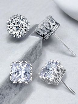 OOMPH - White Combo Of 2 Silver Tone Square and Round Cubic Zirconia Delicate Stud Earrings
