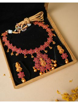 VIRAASI - Gold Plated Red Stone Necklace Set