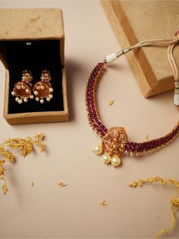 VIRAASI - Gold Plated Red Stone Necklace Set
